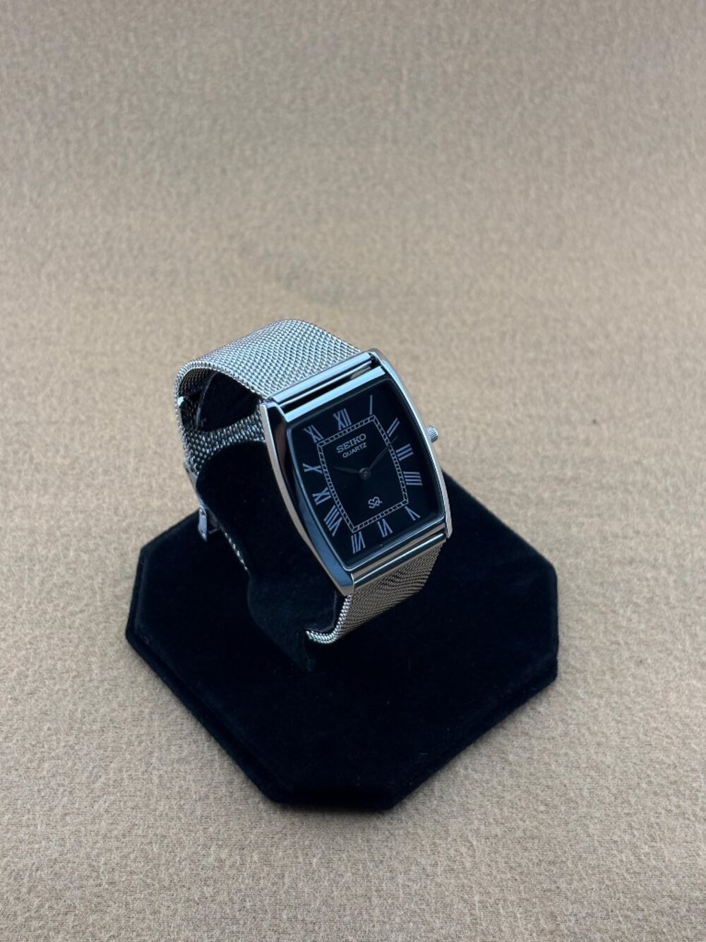 BLACK SILVER BARREL VINTAGE Seiko Vintage slim men's Watch-dark brown strap